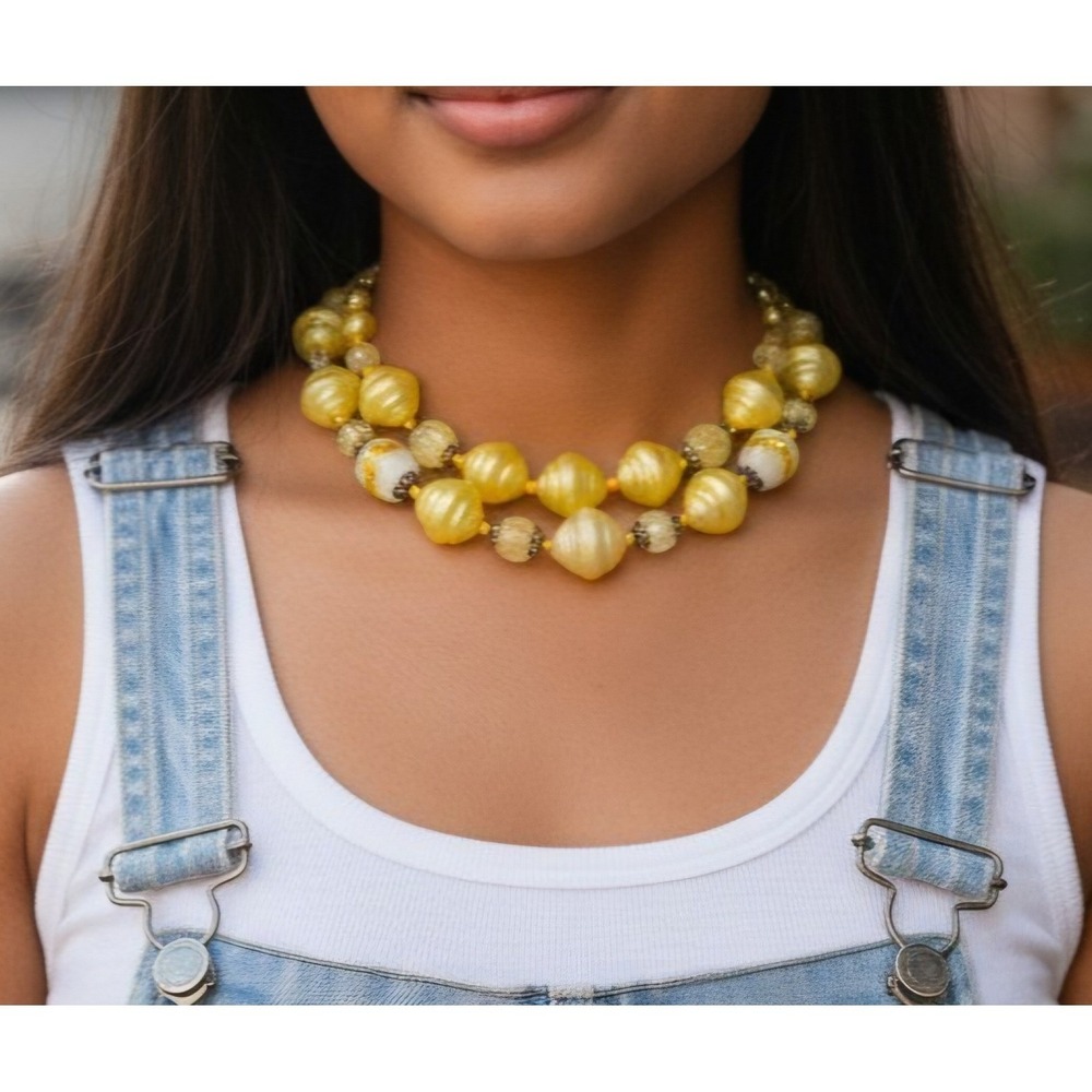 Vintage 1950s Yellow Lucite Crackle Glass Double Strand Necklace AB Wedding Cake